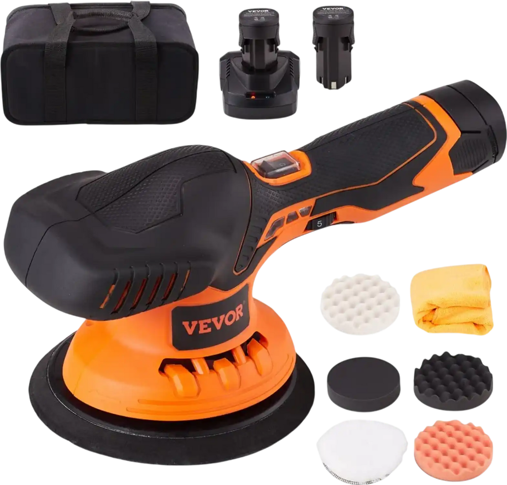 VEVOR Cordless Buffer Polisher, with 2PCS 12V 4.0Ah Lithium Batteries, 6-inch Cordless Car Buffer Polisher Waxer 6 Variable Speed 5200RPM, 4 Polishing Pads for Car Detailing, Sanding, Polishing, Waxin