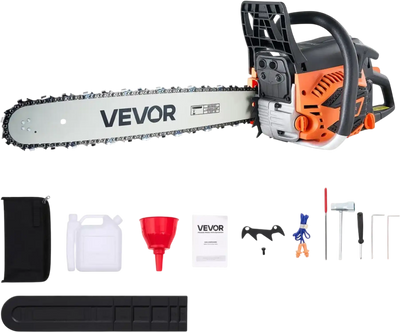 VEVOR 62 cc Gas Chainsaw, 20 inch Gas Powered Chainsaw, 3.8 HP Power Chain Saw with Non-Slip Handle, Gas-Powered Chainsaws with Dual Fuel Tanks, For Wood Cutting, Tree Trimming, and Land Clearing