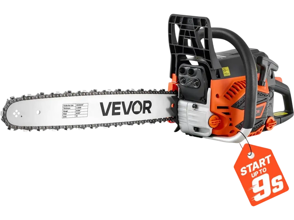 VEVOR Gas Powered Chainsaw 18 Inch 52CC 2.55HP 2 Stroke Engine Gas Chainsaw, for Wood Cutting, Tree Trimming & Land Clearing, Throttle-Synced Choke, Power Chain Saw with Non-Slip Handle & Dual Tanks