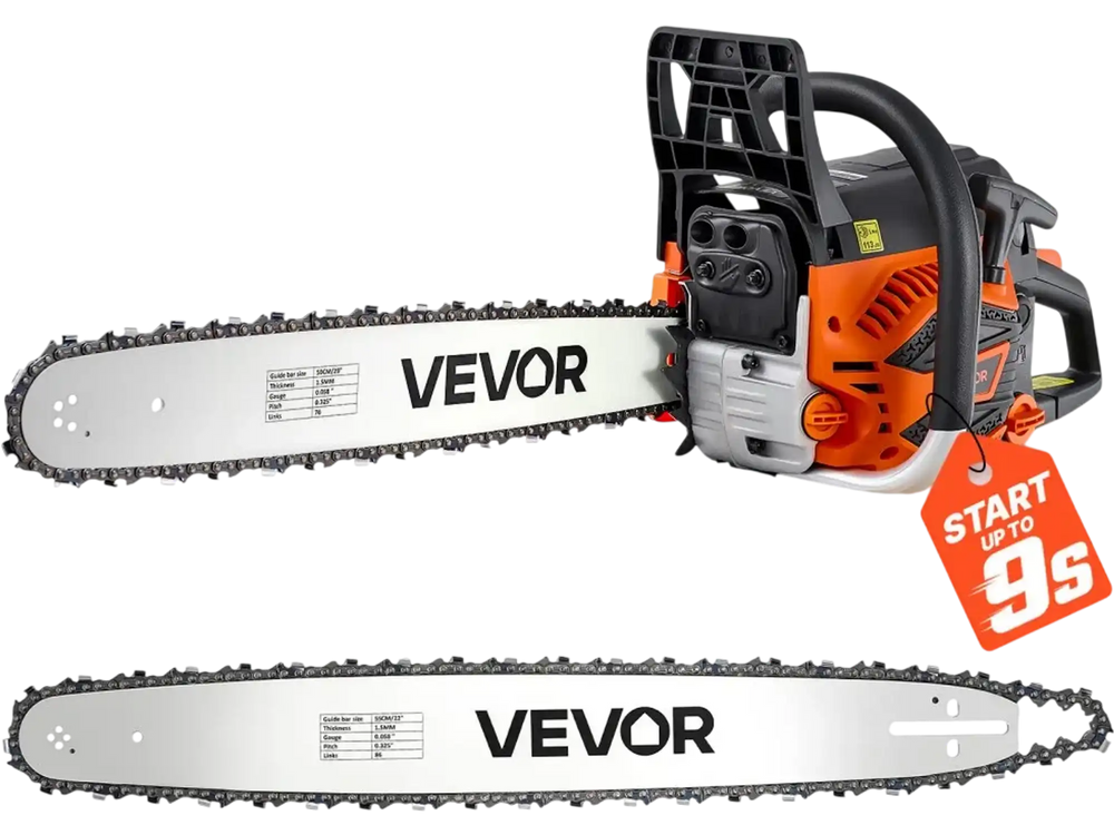 VEVOR Gas Powered Chainsaw 20 & 22 Inch 62CC 3.8HP 2 Stroke Engine Saw, for Wood Cutting, Tree Trimming & Land Clearing, Throttle-Synced Choke, Power Chain Saw with Non-Slip Handle & Dual Tanks