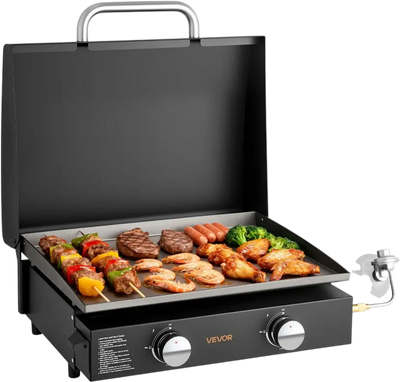 VEVOR Gas Griddle, 2 Burner Tabletop Griddle, 22 inch Portable Griddles Propane with Lid, Oil Drain Hole & Oil Collection Tray, 2 x 11000BTU Camping Flat Top Grill for Outdoor Cooking, Tailgating