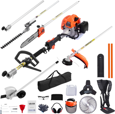 VEVOR Gas Hedge Trimmer, 2 Cycle Gas Power Handheld Trimmer, 6-in-1 26cc Weed Eater with Extension Pole & Protective Gear Set, Includes Hedge & String Trimmer, Brush Cutter(3T & 40T), Edger, Pole Saw