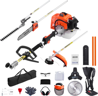VEVOR Gas Hedge Trimmer, 2 Cycle Gas Power Handheld Hedge Trimmer, 5-in-1 63cc Cordless Weed Eater with Protective Gear Set, Includes Hedge and String Trimmer, Brush Cutter(3T & 40T Blades), Pole Saw