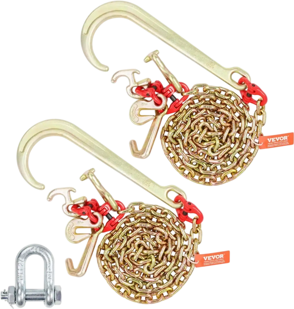 VEVOR J Hook Chain, 2PCS 5/16" x 6' G80 15" Long Shank J Hook Tow Chain with RTJ Cluster Hook & Grab Hook, 5400 lbs Working Load, Heavy Duty Transport Truck Chain for Wrecker Recovery Trailer Towing