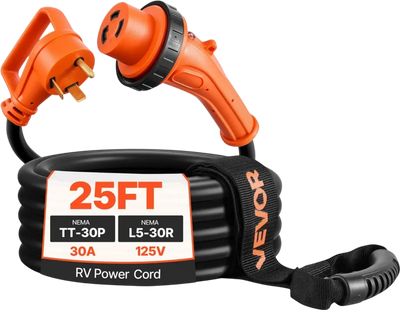 Vevor RV Power Cord 30A 25' Heavy Duty Generator Cord with 15A Adapter New
