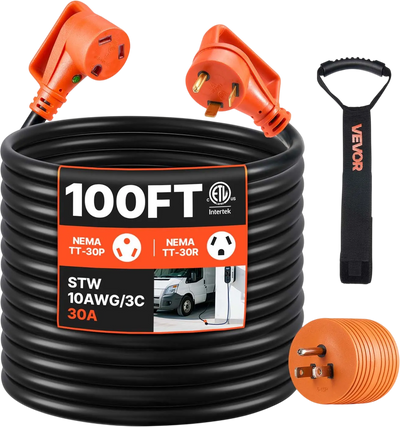 VEVOR 100 FT RV Extension Cord, 30 Amp, 125V 2500W Heavy Duty STW 10/3 Gauge Wire, NEMA TT-30P Male NEMA TT-30R Female Plug, with LED Power Indicator, Handle, 15A Adapter, for RV Trailer, ETL Listed