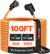 VEVOR 30 Amp 100 Feet RV Extension Cord, 125V 2500W, Heavy Duty 10/3 Gauge STW RV Power Cord, NEMA TT-30P to NEMA TT-30R, with Power Indicator, Cord Organizer, 15A Adapter, for Camper Travel Trailer
