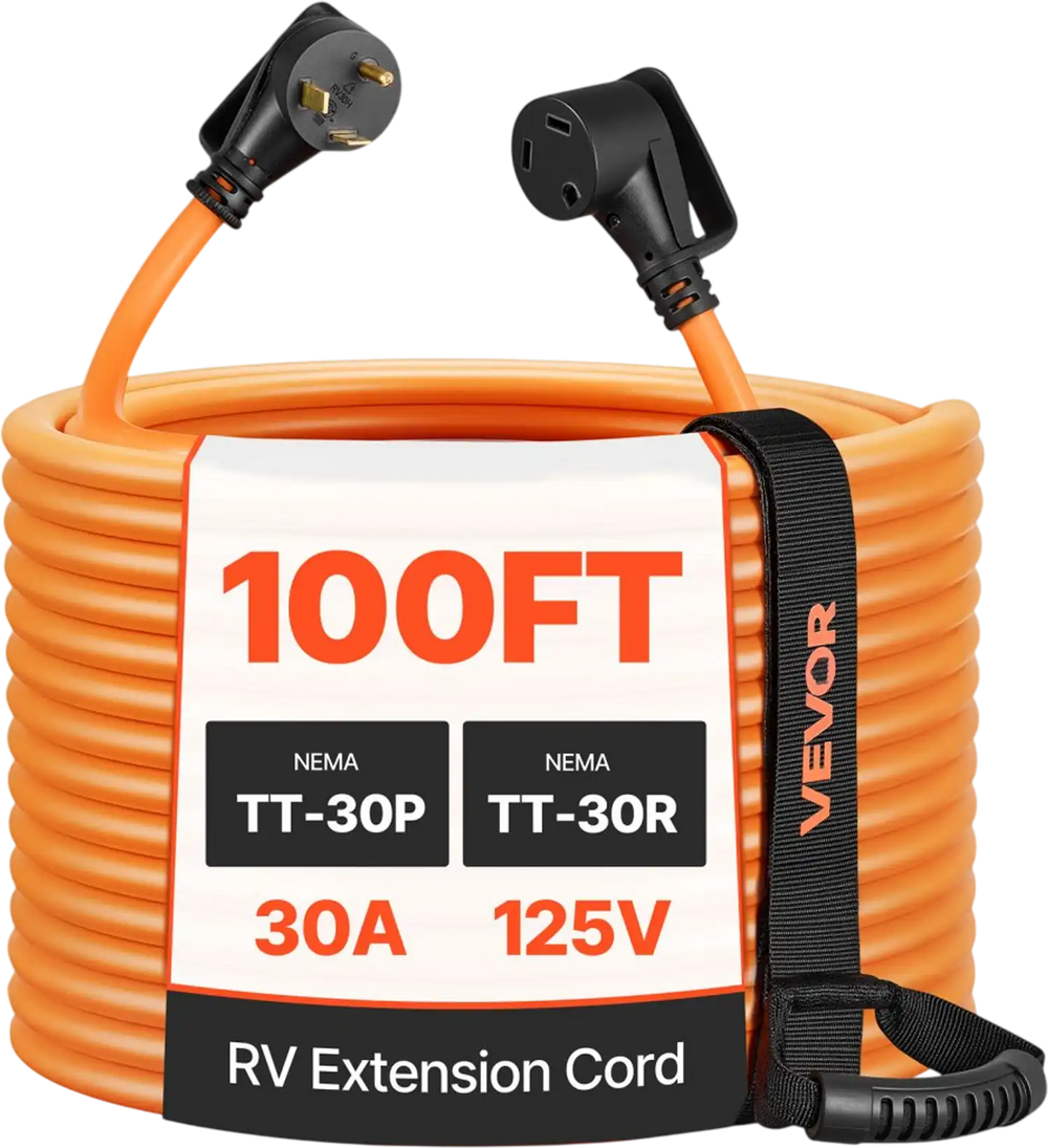 VEVOR 30 Amp 100 Feet RV Extension Cord, 125V 2500W, Heavy Duty 10/3 Gauge STW RV Power Cord, NEMA TT-30P to NEMA TT-30R, with Power Indicator, Cord Organizer, 15A Adapter, for Camper Travel Trailer