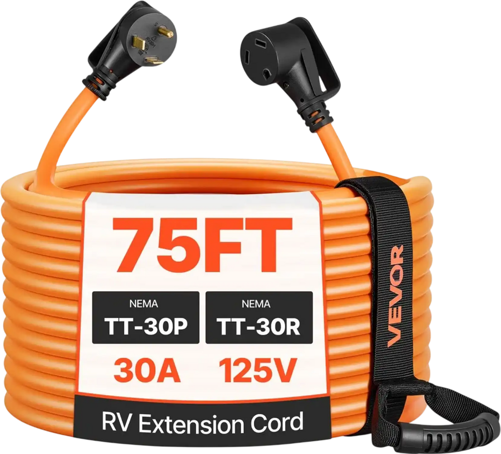 VEVOR 30 Amp 75 Feet RV Extension Cord, 125V 2500W, Heavy Duty 10/3 Gauge STW RV Power Cord, NEMA TT-30P to NEMA TT-30R, with Power Indicator, Cord Organizer, 15A Adapter, for Camper Travel Trailer