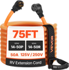 VEVOR 50 Amp 75 Feet RV Extension Cord, 125V/250V 7500W, Heavy Duty 6/3 + 8/1 Gauge STW RV Power Cord, NEMA 14-50P to NEMA 14-50R, with Power Indicator, Cord Organizer, 15A Adapter, for Camper Trailer