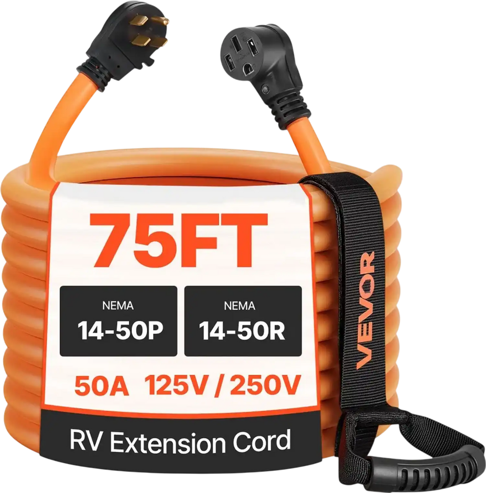 VEVOR 50 Amp 75 Feet RV Extension Cord, 125V/250V 7500W, Heavy Duty 6/3 + 8/1 Gauge STW RV Power Cord, NEMA 14-50P to NEMA 14-50R, with Power Indicator, Cord Organizer, 15A Adapter, for Camper Trailer