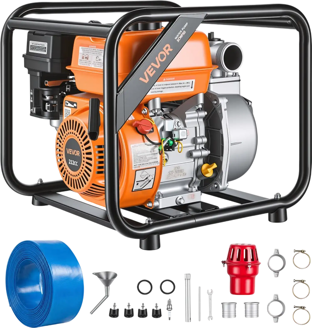 VEVOR Gas Powered Water Pump, 2 in, 132 GPM 7HP Semi Trash Water Transfer Pump Portable, Gasoline Engine with 25 ft Discharge Hose, Heavy Duty Frame, Cast Iron Impeller, for Irrigation, Ponds, Pools