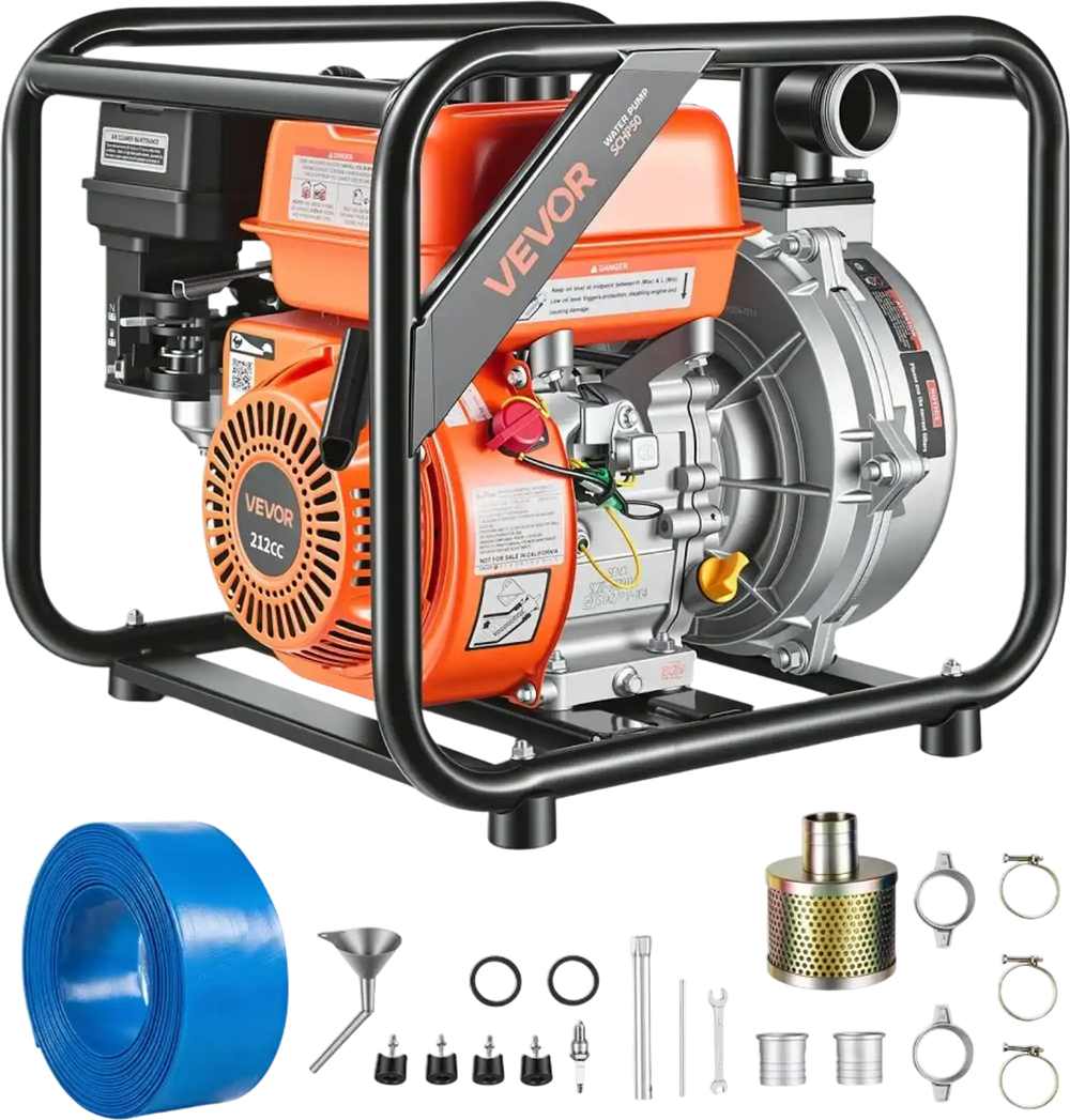 VEVOR Gas Powered Water Pump, 2 in, 128 GPM 6HP Semi Trash Water Transfer Pump Portable, Gasoline Engine with 25 ft Discharge Hose, Heavy Duty Frame, Cast Iron Impeller, for Irrigation, Ponds, Pools