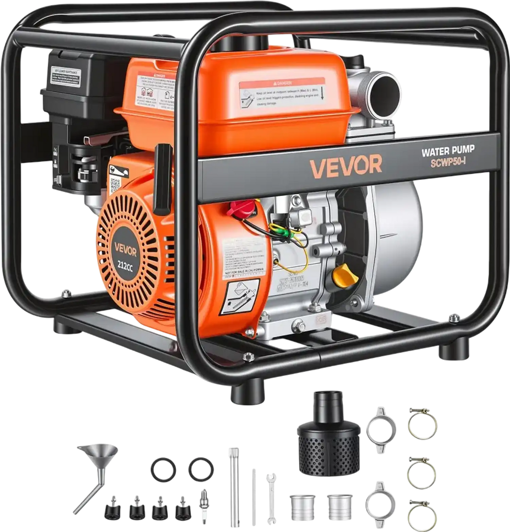 VEVOR Gas Powered Water Pump, 2 in, 132 GPM 6.5HP Semi Trash Water Transfer Pump Portable, Gasoline Engine with 25 ft Discharge Hose, Heavy Duty Frame, Cast Iron Impeller, for Irrigation, Ponds, Pools