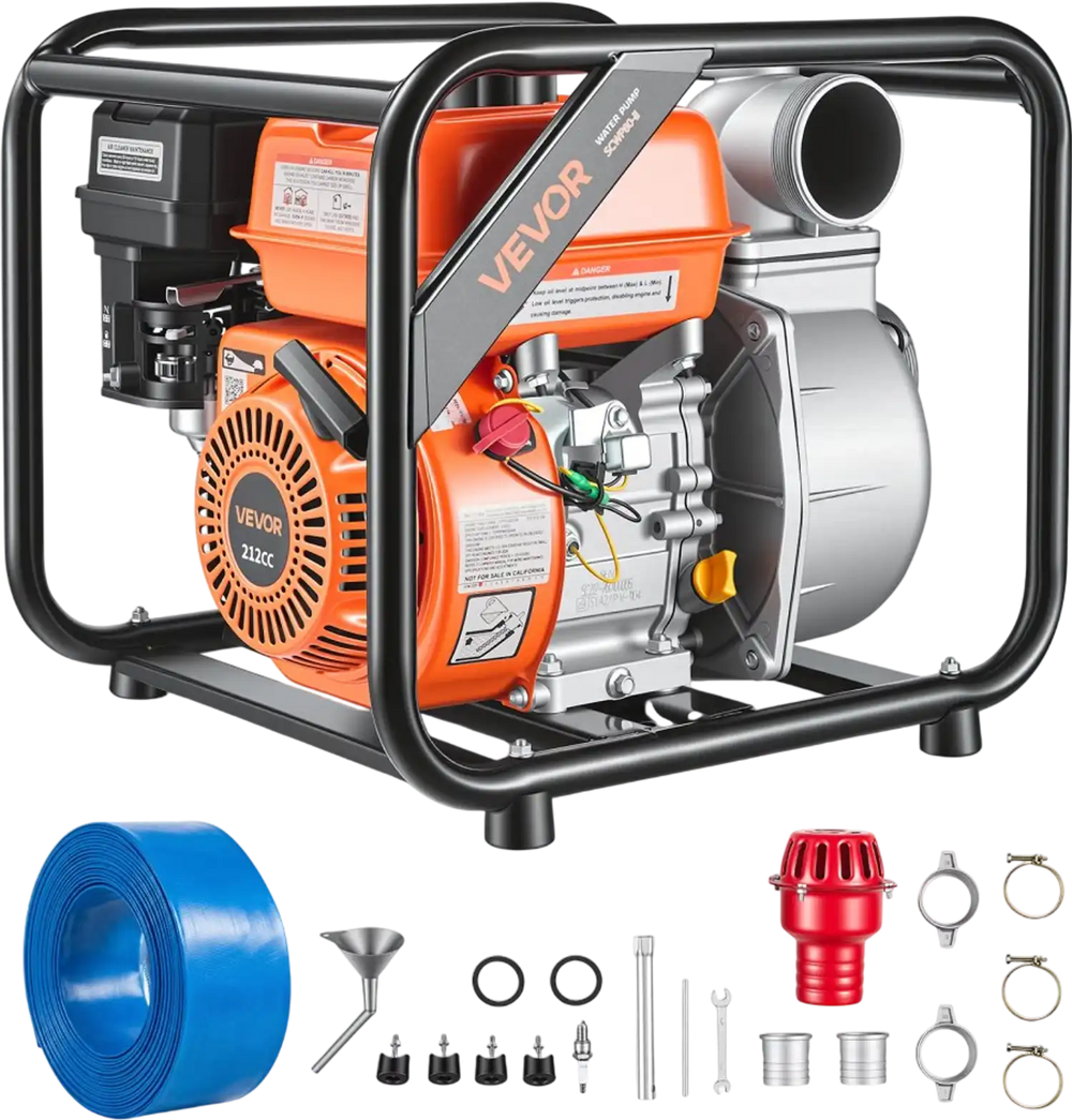 VEVOR Gas Powered Water Pump, 3 in, 242 GPM 7HP Semi Trash Water Transfer Pump Portable, Gasoline Engine with 25 ft Discharge Hose, Heavy Duty Frame, Cast Iron Impeller, for Irrigation, Ponds, Pools
