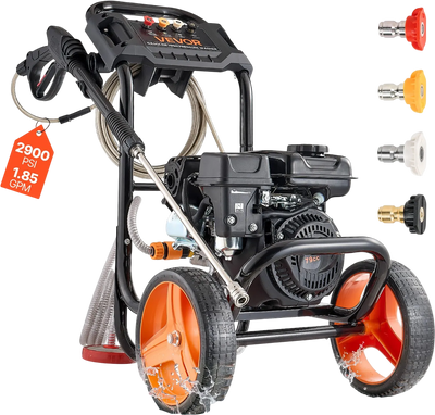 VEVOR Gas Pressure Washer 2900 PSI and 1.85 Max GPM, Upgrade Aluminum Pump with Spray Gun and Wand, 4 Nozzle Set, Low Profile Power Washer for Cars, Fences, Driveways, Homes, Patios, Furniture