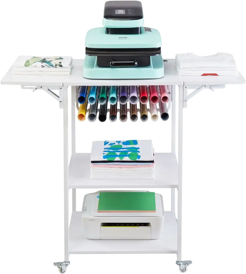 VEVOR Heat Press Table, 3 Tier Movable Heat Press Stand, Foldable Heat Transfer Machine Stand with Wheels and Vinyl Roll Holder, Rolling Metal Workbench for Sublimation Transfer Machine, White