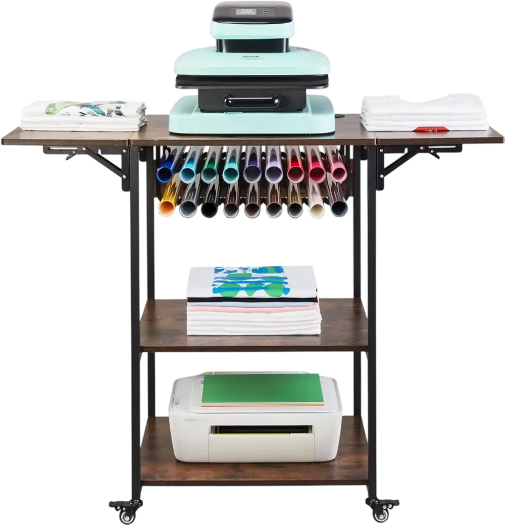 VEVOR Heat Press Table, 3 Tier Movable Heat Press Stand, Foldable Heat Transfer Machine Stand with Wheels and Vinyl Roll Holder, Rolling Metal Workbench for Sublimation Transfer Machine, Brown