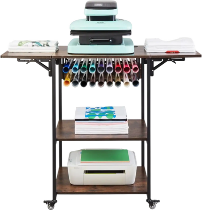 VEVOR Heat Press Table, 3 Tier Movable Heat Press Stand, Foldable Heat Transfer Machine Stand with Wheels and Vinyl Roll Holder, Rolling Metal Workbench for Sublimation Transfer Machine, Brown