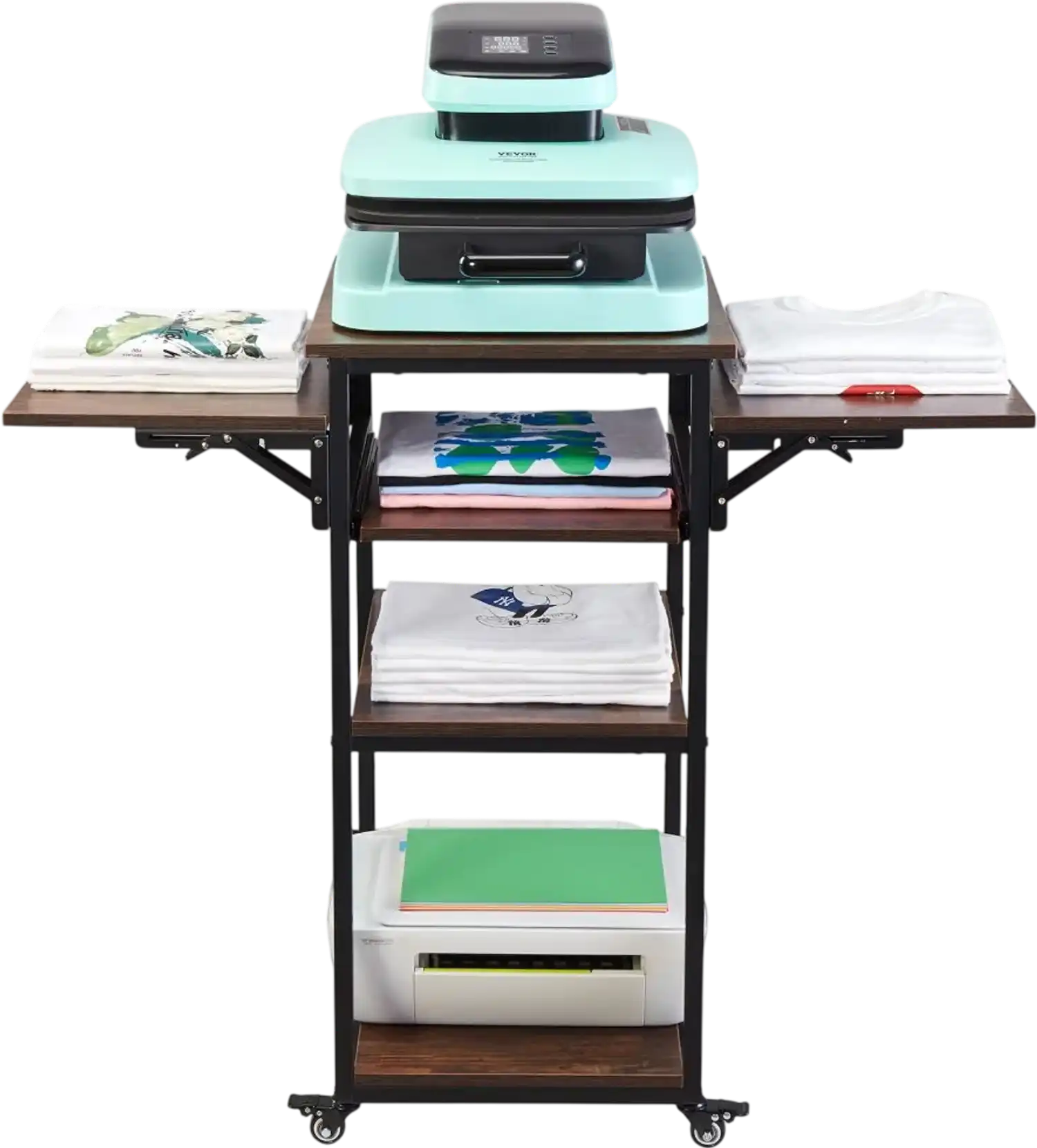 Vevor Heat Press Stand 4-Tier Foldable Table with Charging Station and Wheels New