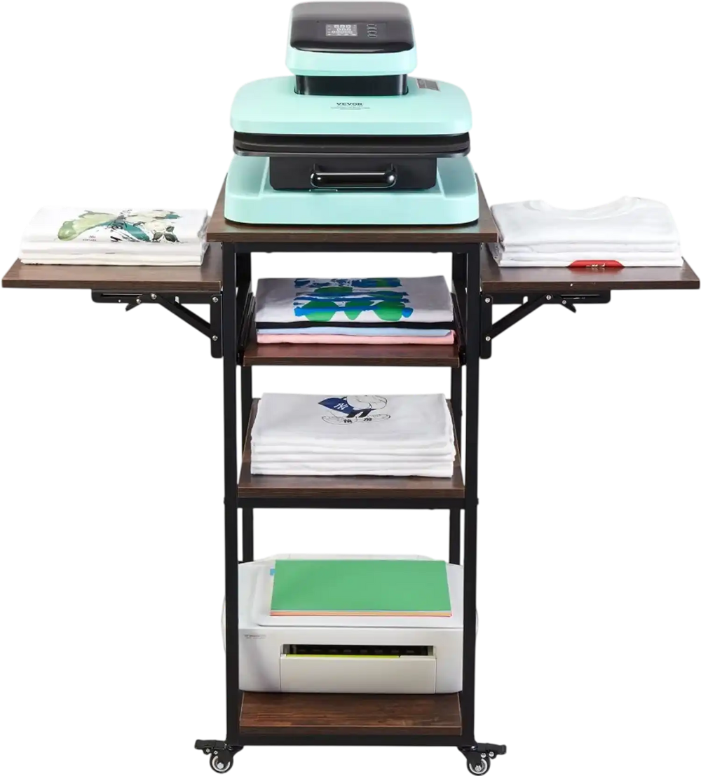 VEVOR Heat Press Table with Charging Station, 4 Tier Movable Heat Press Stand, Foldable Heat Transfer Machine Stand with Wheels, Rolling Metal Workbench for Sublimation Transfer Machine, Brown