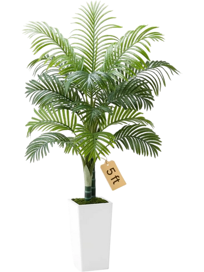 VEVOR Artificial Areca Palm Tree 5 ft, Fake Palm Tropical Plants with White Tall Planter, Faux Floor Silk Plant in Pot, Large Trees for Home Office Living Room Decor House Warming, Indoor Outdoor