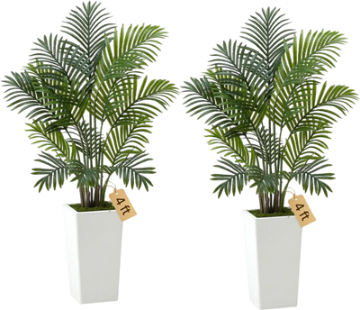 VEVOR Artificial Areca Palms 4 ft, 2 Pack Fake Palm Tropical Plants with White Tall Planter, Faux Floor Silk Plant in Pot, Large Tree for Home Office Living Room Decor House Warming, Indoor Outdoor