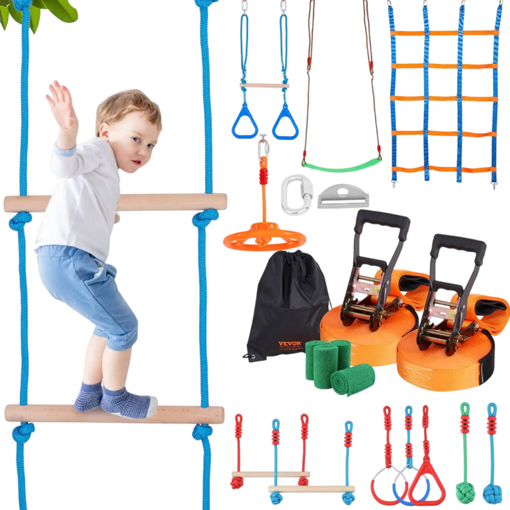 VEVOR Ninja Warrior Obstacle Course for Kids, 2 x 50 ft Weatherproof Slacklines, 500lbs Weight Capacity Monkey Line, Outdoor Playset Equipment, Backyard Toys Training Equipment Set with 12 Obstacles