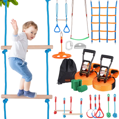 VEVOR Ninja Warrior Obstacle Course for Kids, 2 x 50 ft Weatherproof Slacklines, 500lbs Weight Capacity Monkey Line, Outdoor Playset Equipment, Backyard Toys Training Equipment Set with 12 Obstacles