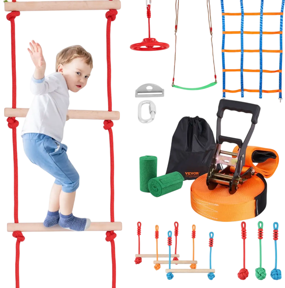 VEVOR Ninja Warrior Obstacle Course for Kids, 2 x 50 ft Weatherproof Slacklines, 500lbs Weight Capacity Monkey Line, Outdoor Playset Equipment, Backyard Toys Training Equipment Set with 10 Obstacles