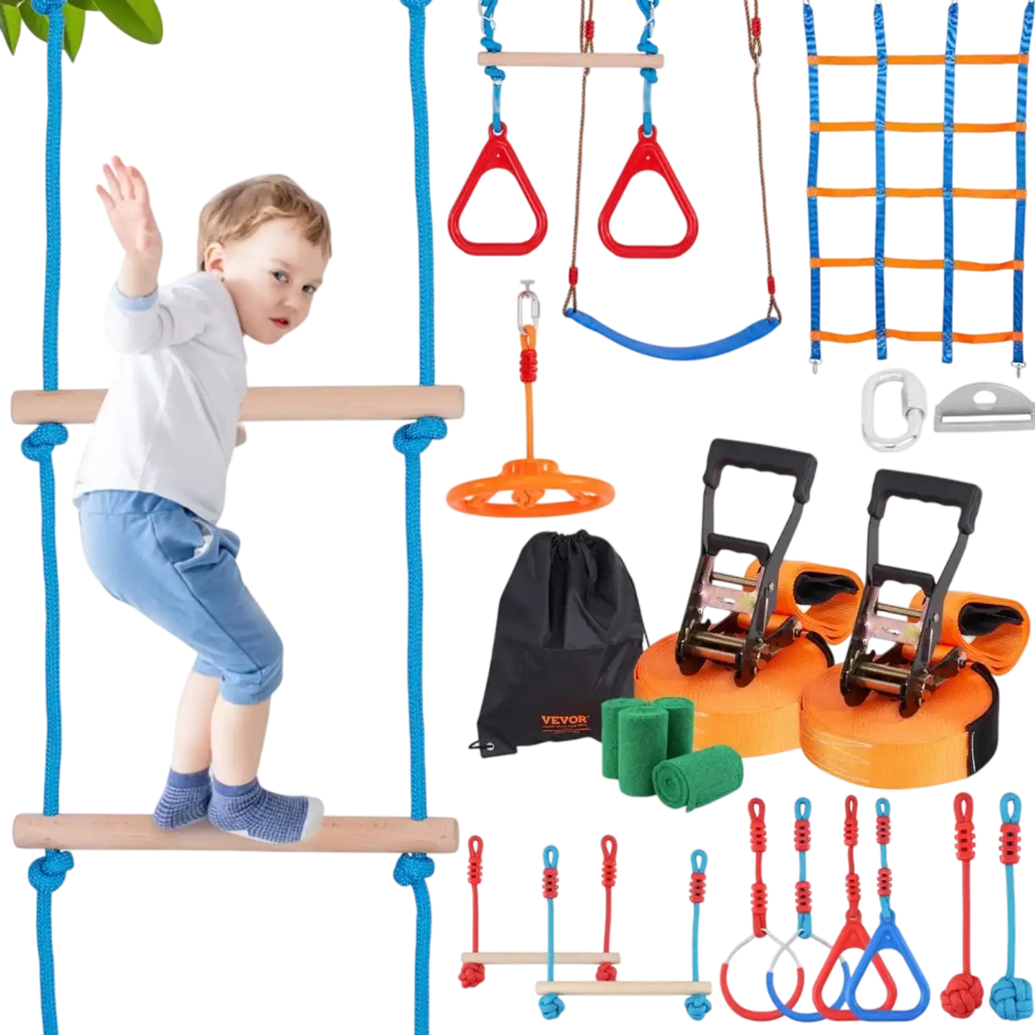 Vevor Ninja Obstacle Course for Kids 2 x 60' Weatherproof Slacklines 14 Obstacles New