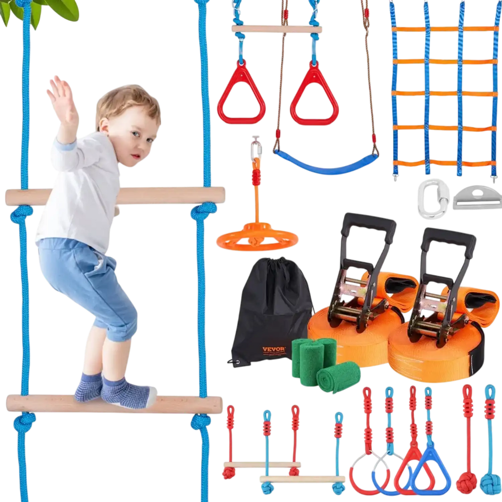 VEVOR Ninja Warrior Obstacle Course for Kids, 2 x 60 ft Weatherproof Slacklines, 500lbs Weight Capacity Monkey Line, Outdoor Playset Equipment, Backyard Toys Training Equipment Set with 14 Obstacles
