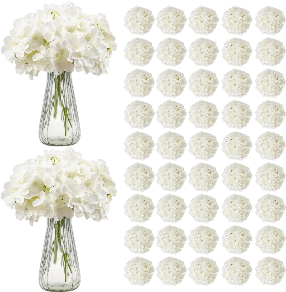 VEVOR Artificial Flowers, 105 pcs Real Looking White Silk Fake Hydrangea Bulk, White Faux Bridal Shower with Stems for DIY Wedding Bouquets, Home Centerpieces Arrangements, Party Tables Decorations