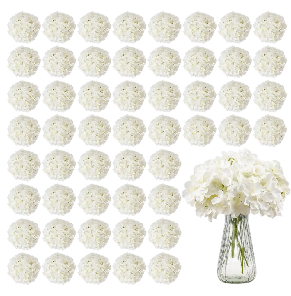 VEVOR Artificial Flowers, 65 pcs Real Looking White Silk Fake Hydrangea Bulk, White Faux Bridal Shower with Stems for DIY Wedding Bouquets, Home Centerpieces Arrangements, Party Tables Decorations