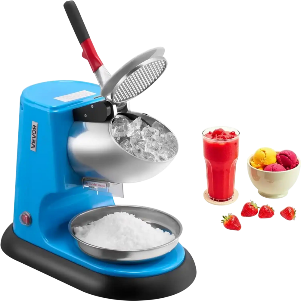 VEVOR Ice Crusher Machine, 220lbs Per Hour Electric 4 Blades Snow Cone Maker, Stainless Steel Shaved Ice Machine with Bowl and Cover, 300W 1400RPM Ice-Shaver for Home and Commercial Use, Blue