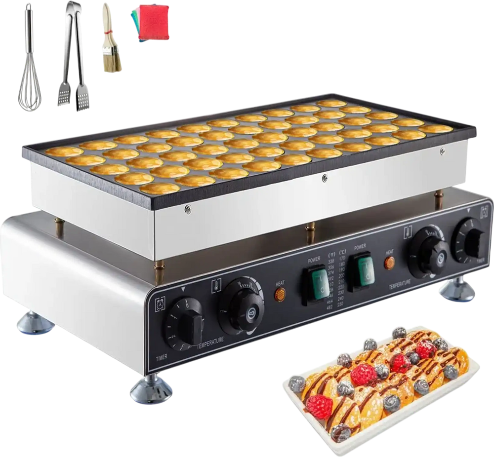 VEVOR 50PCS Mini Dutch Pancake Maker, Non-stick Stainless Steel Dorayaki Baker, 1800W Commercial Electric Poffertjes Grill Pan, Dual Temp & Time Control, for Kitchen Restaurant Breakfast Dessert