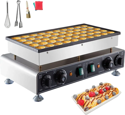 VEVOR 50PCS Mini Dutch Pancake Maker, Non-stick Stainless Steel Dorayaki Baker, 1800W Commercial Electric Poffertjes Grill Pan, Dual Temp & Time Control, for Kitchen Restaurant Breakfast Dessert