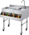 VEVOR Commercial Ice Bin with Sink & Faucet, 60 Qt Max Capacity, 24 x 19 x 35 Inch Stainless Steel Ice Chest with Sliding Lid and Bottle Holders, Cooler Cart Cocktail Unit for Bar Restaurant Pub