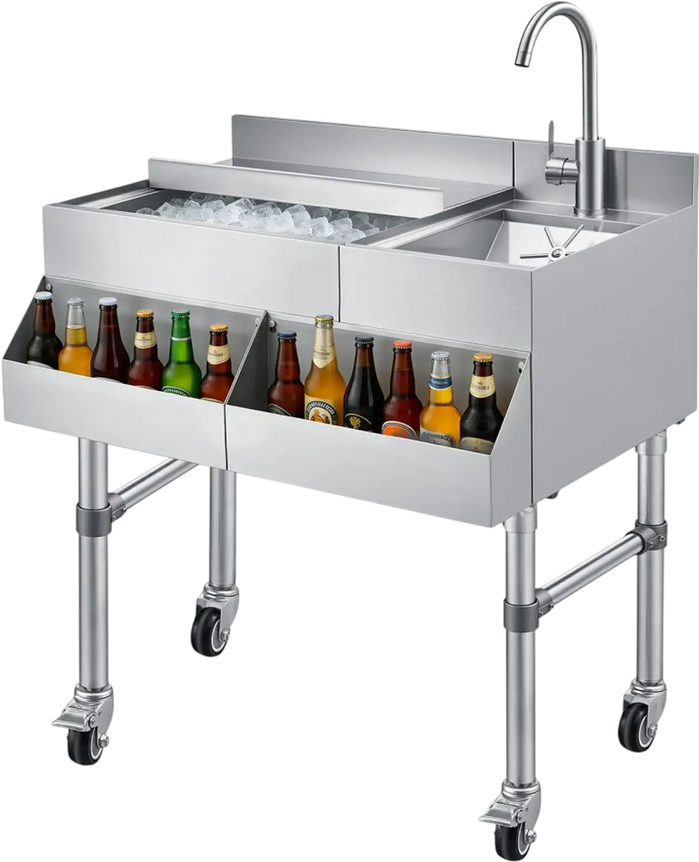 VEVOR Commercial Ice Bin with Sink & Faucet, 60 Qt Max Capacity, 24 x 19 x 35 Inch Stainless Steel Ice Chest with Sliding Lid and Bottle Holders, Cooler Cart Cocktail Unit for Bar Restaurant Pub
