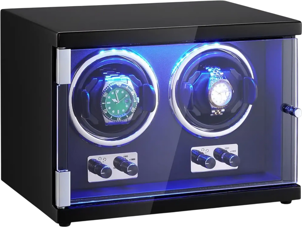 VEVOR Watch Winder, Dual Watch Winder for Men's and Women's Automatic Watch, with 2 Super Quiet Japanese Mabuchi Motors, Blue LED Light and Adapter, High-Density Board Shell and Black PU