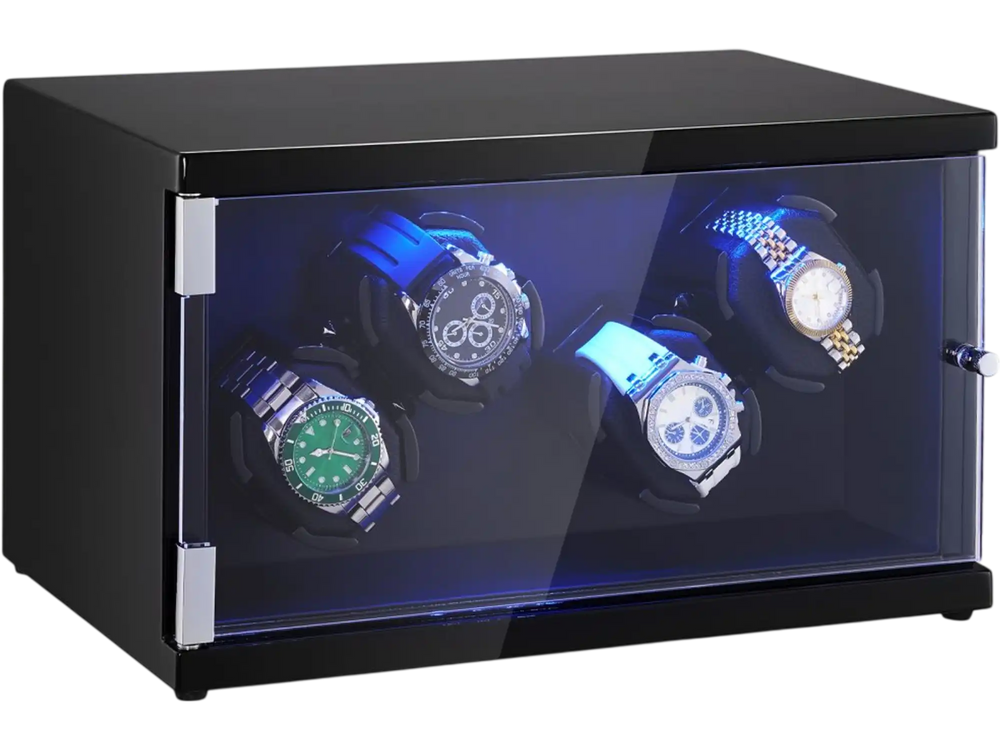 VEVOR Watch Winder, Watch Winder for 4 Men's and Women's Automatic Watches, with 2 Super Quiet Japanese Mabuchi Motors, Blue LED Light and Adapter, High-Density Board Shell and Black PU