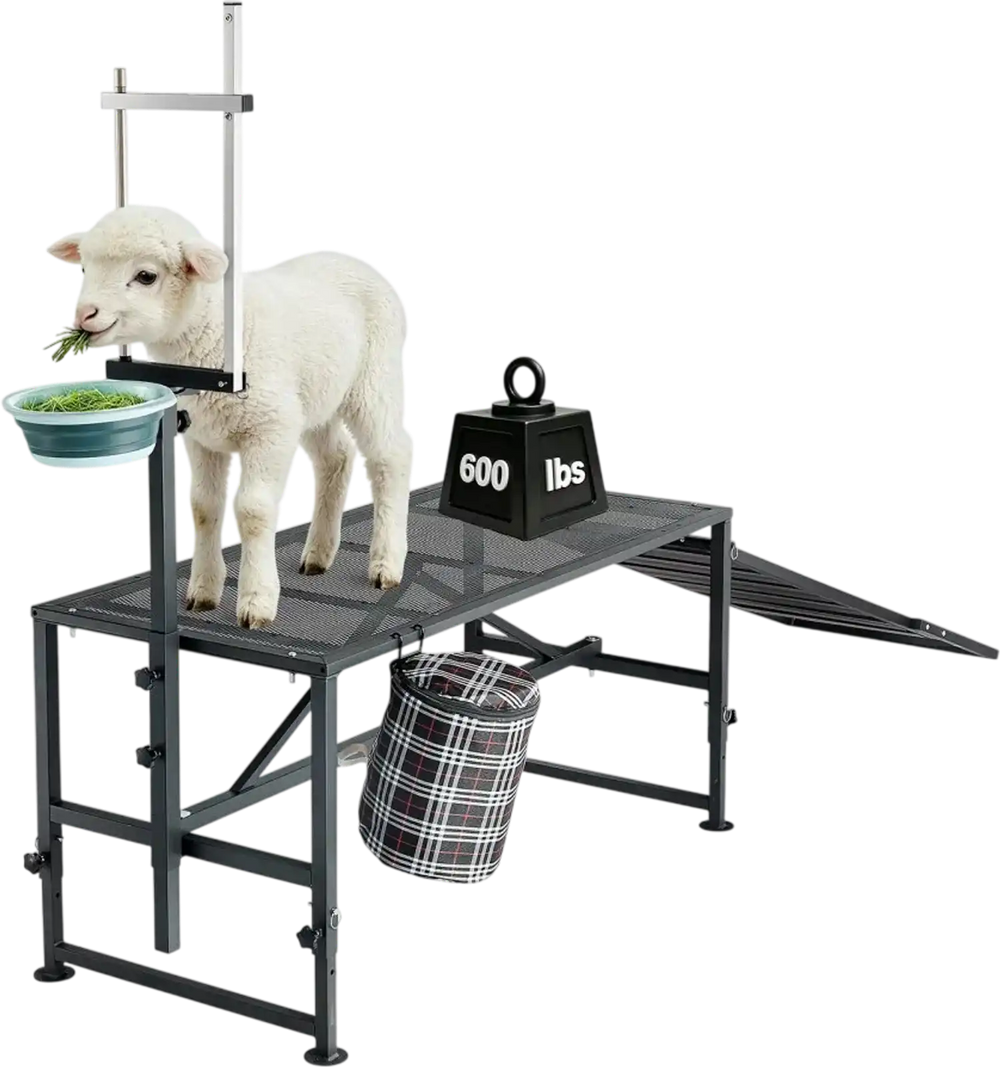 VEVOR Goat Milking Stand, 600 lbs Heavy Duty Goat Stand with Ramp & Feed Bin, Adjustable Headpiece & Tool Basket, Stanchion for Grooming & Hoof Trimming, Metal Livestock Platform for Sheep Lamb, Black