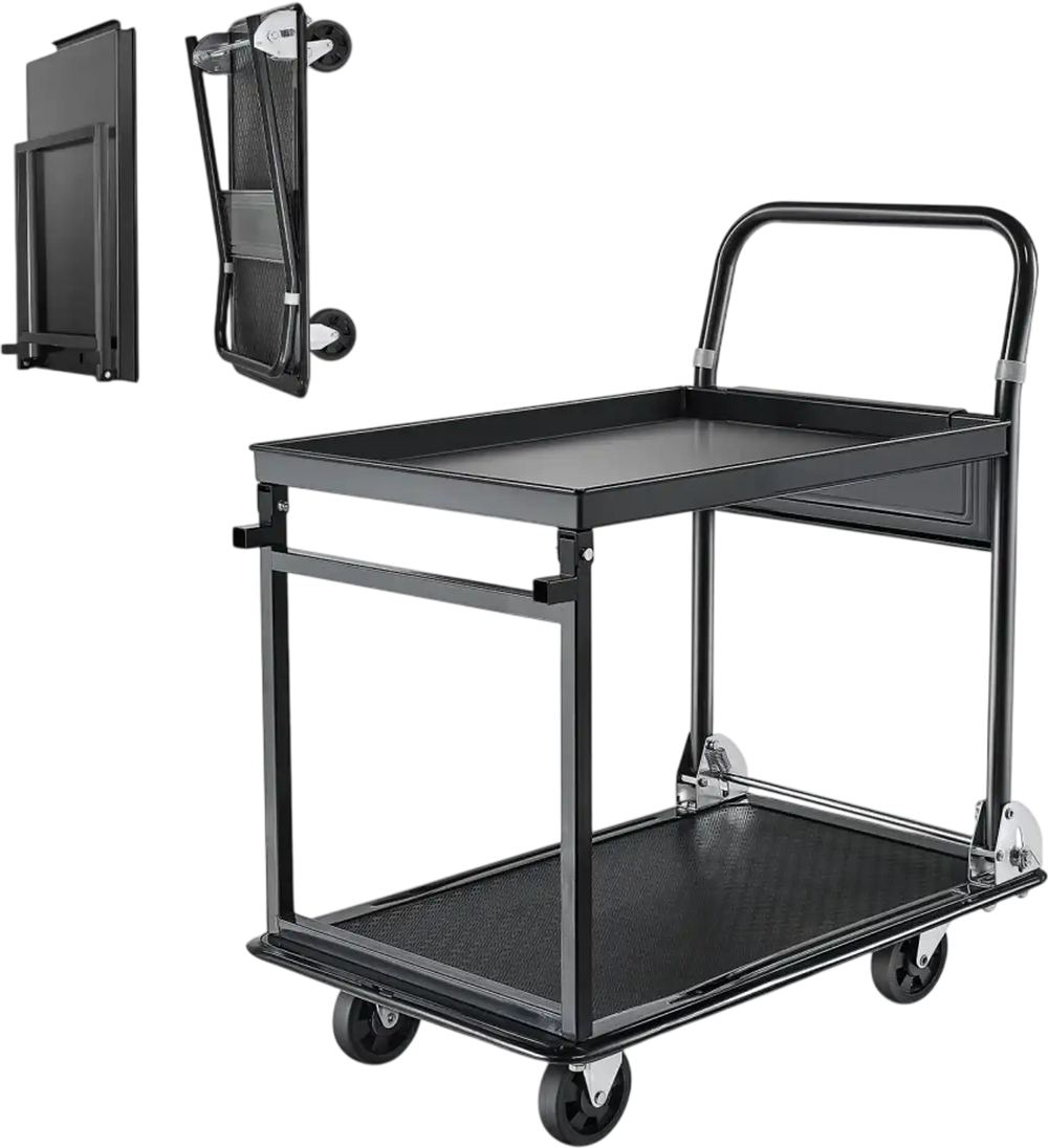 VEVOR Foldable Push Cart Dolly, 700 lbs, Heavy Duty Platform Hand Truck with Wheels, High-Strength Steel, 2 Tier Moving Flatbed Cart, for Warehouse, Garage, Workshop, Office, 28.7 x 18.5 x 32.3 in