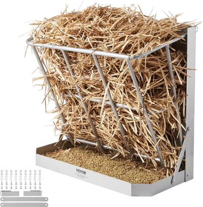 VEVOR Goat Hay Feeder, 21 Gallons Large Capacity, 2 in 1 Hay and Grain Feeder, Wall Mounted Livestock Feeder with Feed Tray, Multiple Sided Goat Hay Rack, Sturdy Steel Hay Rack for Sheep Horses