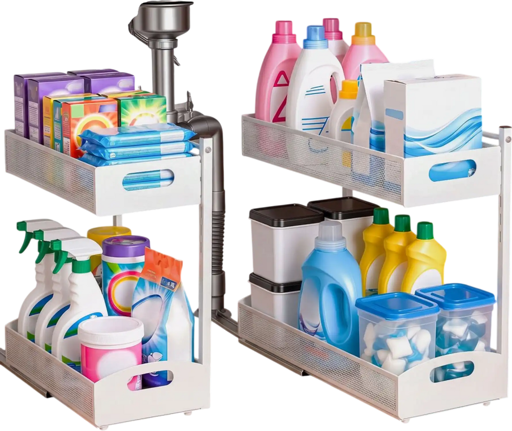 VEVOR Under Sink Organizer, 2 Pack 2-Tier Pull Out Cabinet Organizer with 4-Level Height Adjustment, Metal Slide Out Shelf, Multi-Purpose Cabinet Organizers and Storage for Bathroom & Kitchen, White