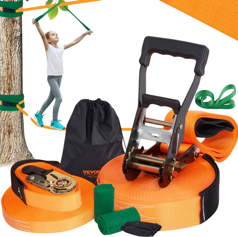 VEVOR Slackline Kit with Training Line, 60 ft Backyard Slack Line Equipment, Easy Setup Tight Rope for Kids Adults, Complete Slackline Set with Tree Protectors, Arm Trainer, Carry Bag, and Instruction