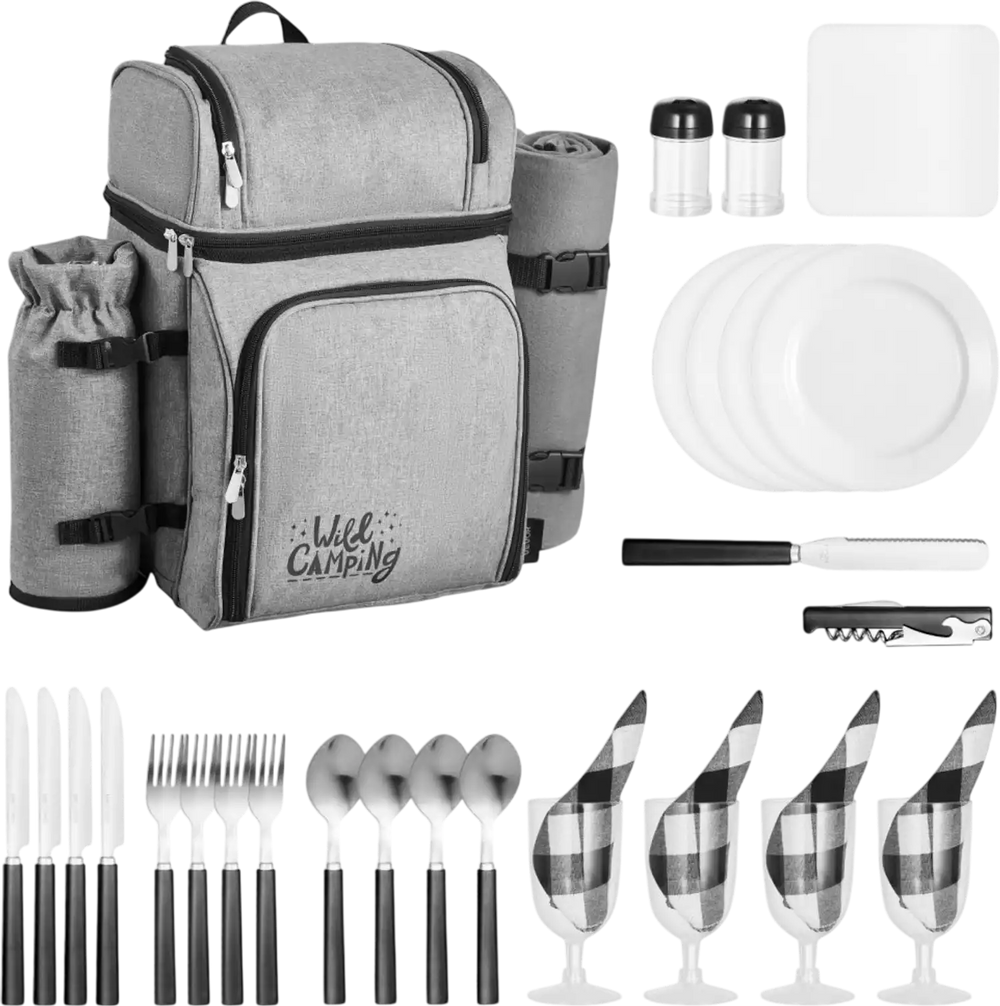 VEVOR Picnic Backpack, Beach Picnic Backpack Bag for 4 Person with Insulated Cooler Compartment, Detachable Bottle/Wine Holder, Lightweight Blanket, Plates and Cutlery Set for Hiking & Camping, Grey