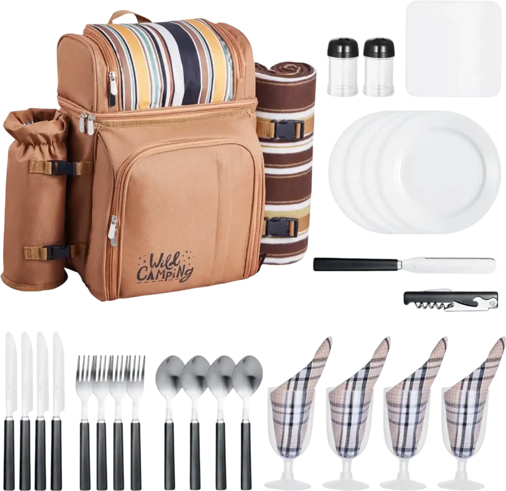 VEVOR Picnic Backpack, Beach Picnic Backpack Bag for 4 Person with Insulated Cooler Compartment, Detachable Bottle/Wine Holder, Lightweight Blanket, Plates and Cutlery Set for Hiking & Camping, Brown