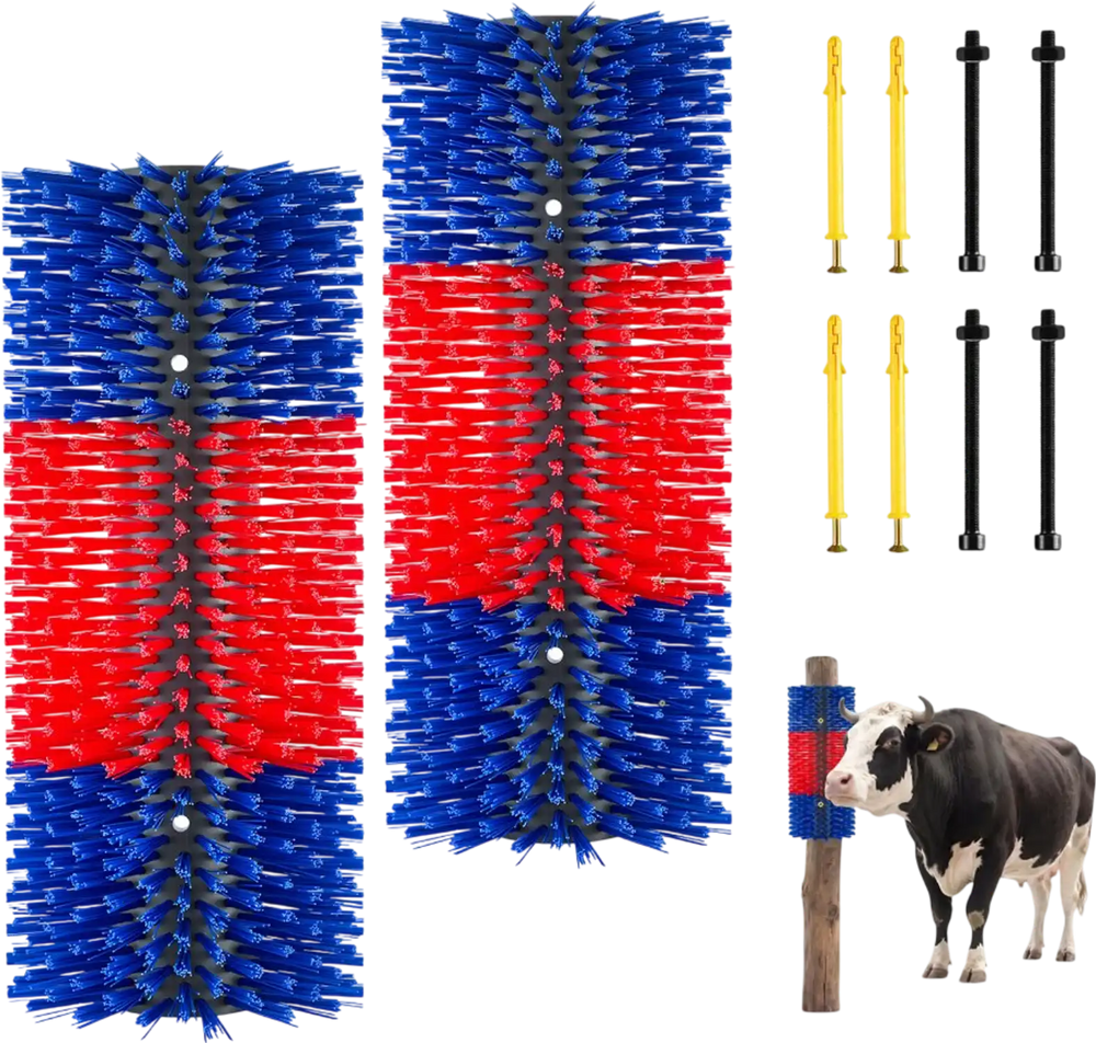 VEVOR Livestock Scratching Brush, 2PCS Goat Scratcher Brush Post with 8 Screws, 16.9" x 7.5" Cow Scratcher for Back Itch Relief, Massage Grooming Scratch Tool for Horse Cattle Sheep Pig, Blue & Red