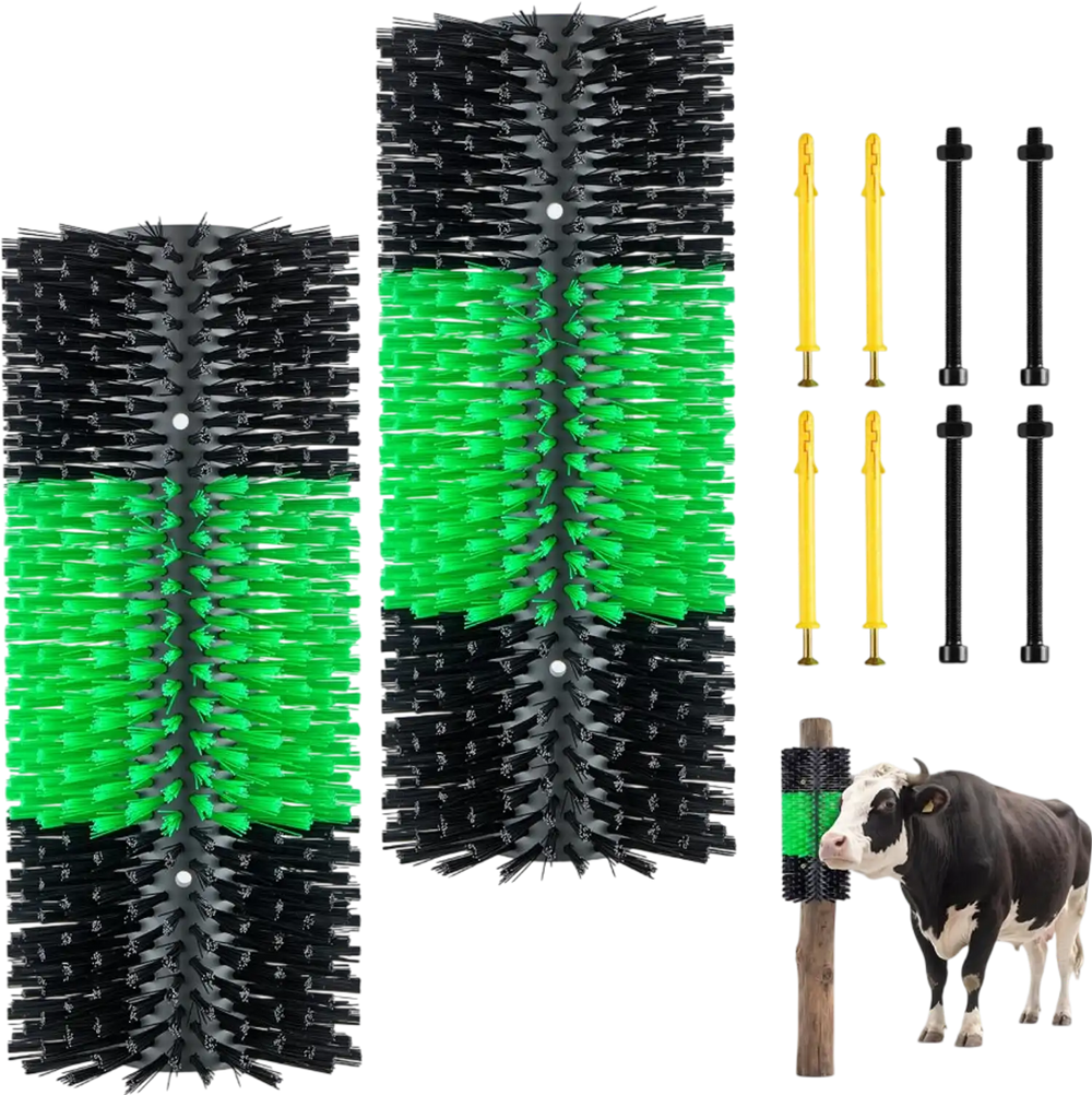 VEVOR Livestock Scratching Brush, 2PCS Goat Scratcher Brush Post with 8 Screws, 16.9" x 7.5" Cow Scratcher for Back Itch Relief, Massage Grooming Scratch Tool for Horse Cattle Sheep Pig, Green & Black
